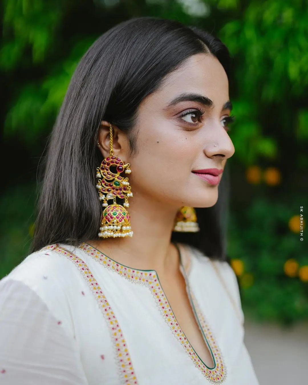 Namitha Pramod Wearing Beautiful Earring Jewellery White Dress